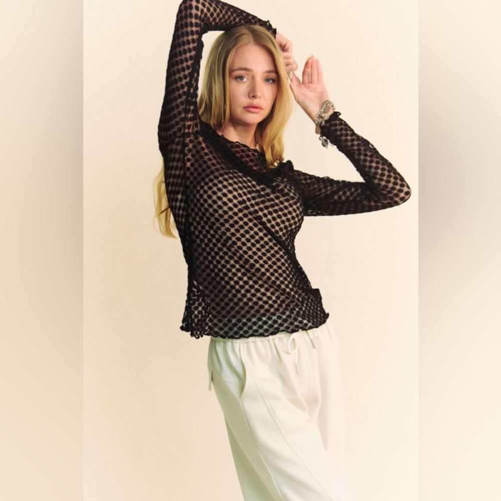🟠 121B. Dotted Lace Mesh Long Sleeve - Black